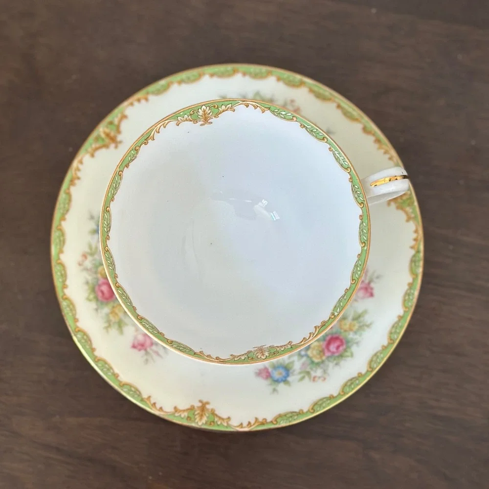 Sango China Cup Saucer Floral Green‎ Gold Rim Vintage Victorian Pattern